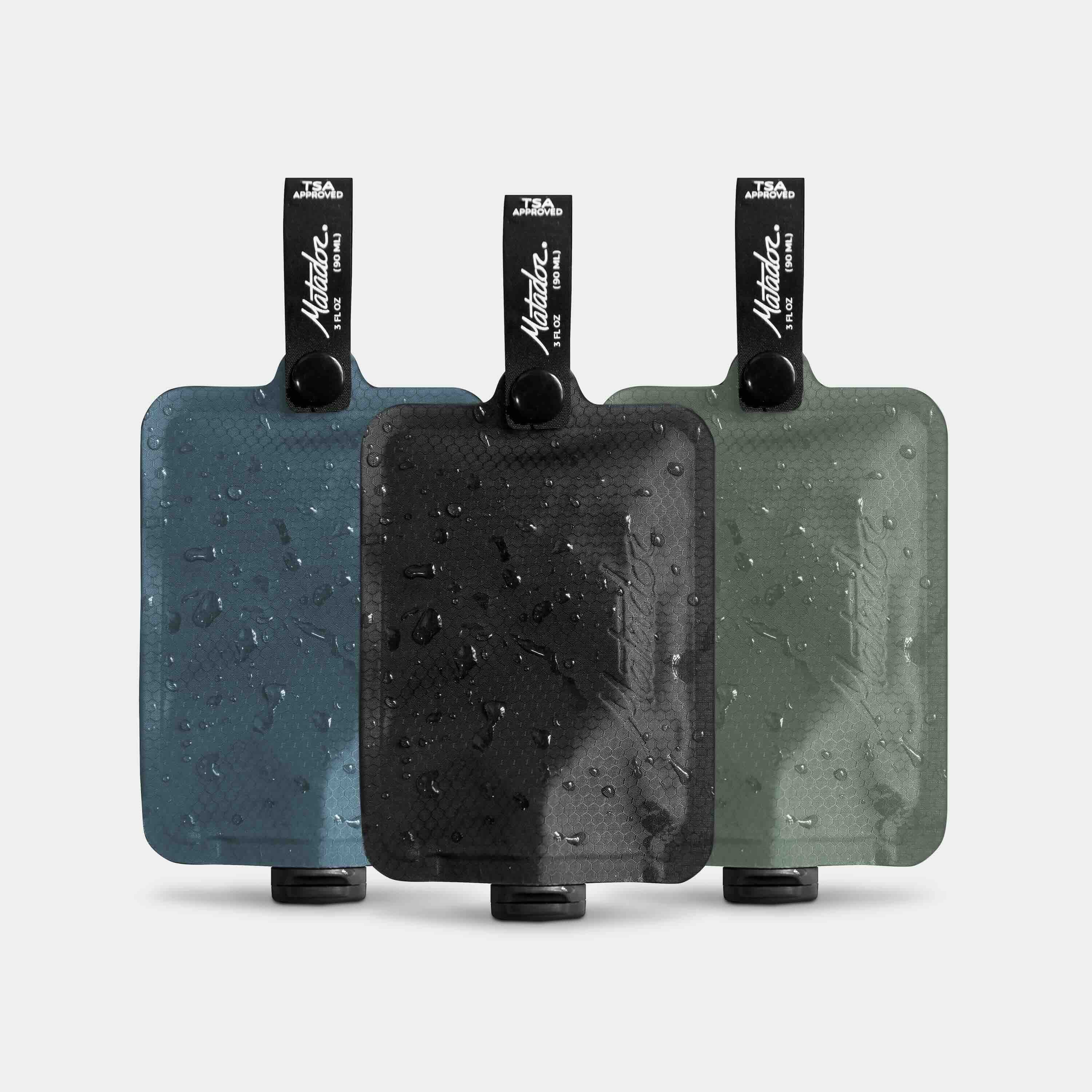 Matador FlatPak Toiletry Bottle 3-Pack (blue, charcoal, green)