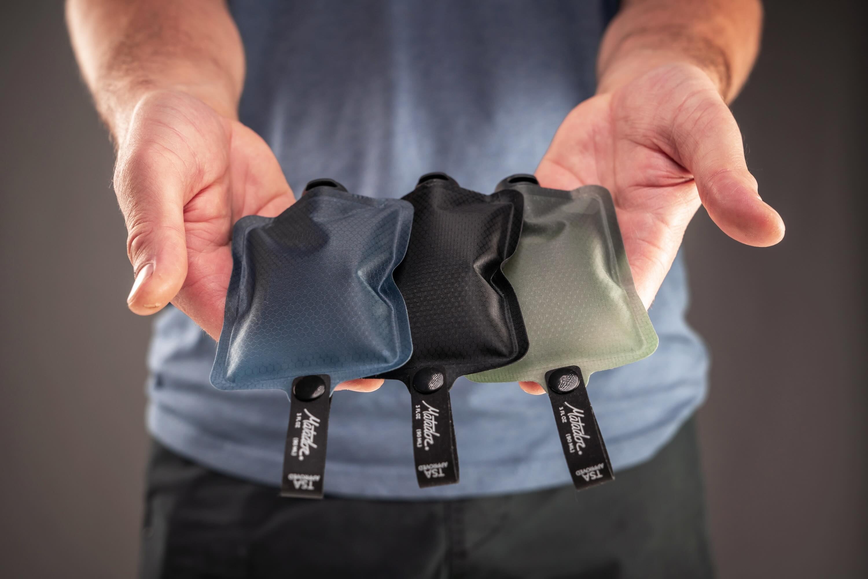 Matador FlatPak Toiletry Bottle 3-Pack (blue, charcoal, green)