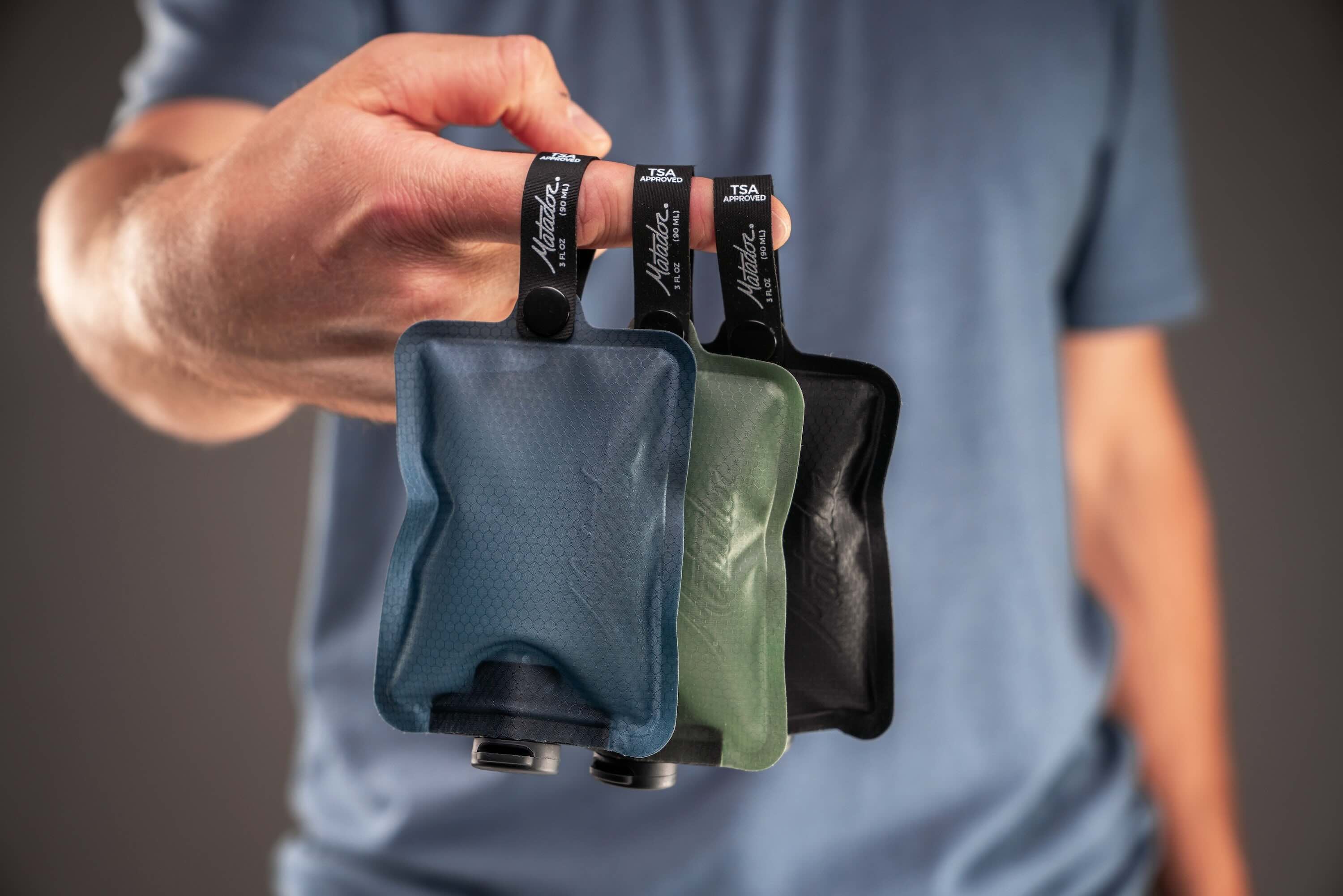 Matador FlatPak Toiletry Bottle 3-Pack (blue, charcoal, green)