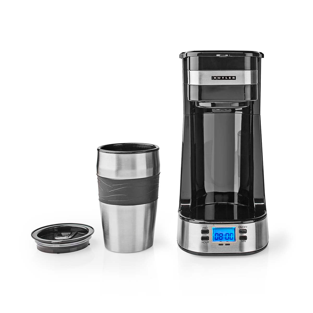 Einzelportions-Kaffeemaschine | 0,4 l | 750 W | Timer-Funktion | Isolierter Reisebecher | Automatische Abschaltung | LCD-Display | Schwarz