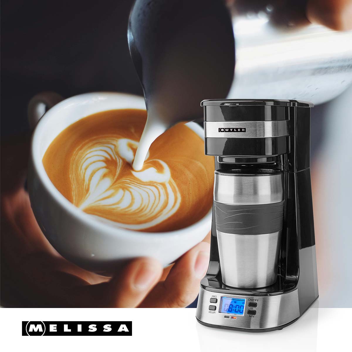 Einzelportions-Kaffeemaschine | 0,4 l | 750 W | Timer-Funktion | Isolierter Reisebecher | Automatische Abschaltung | LCD-Display | Schwarz