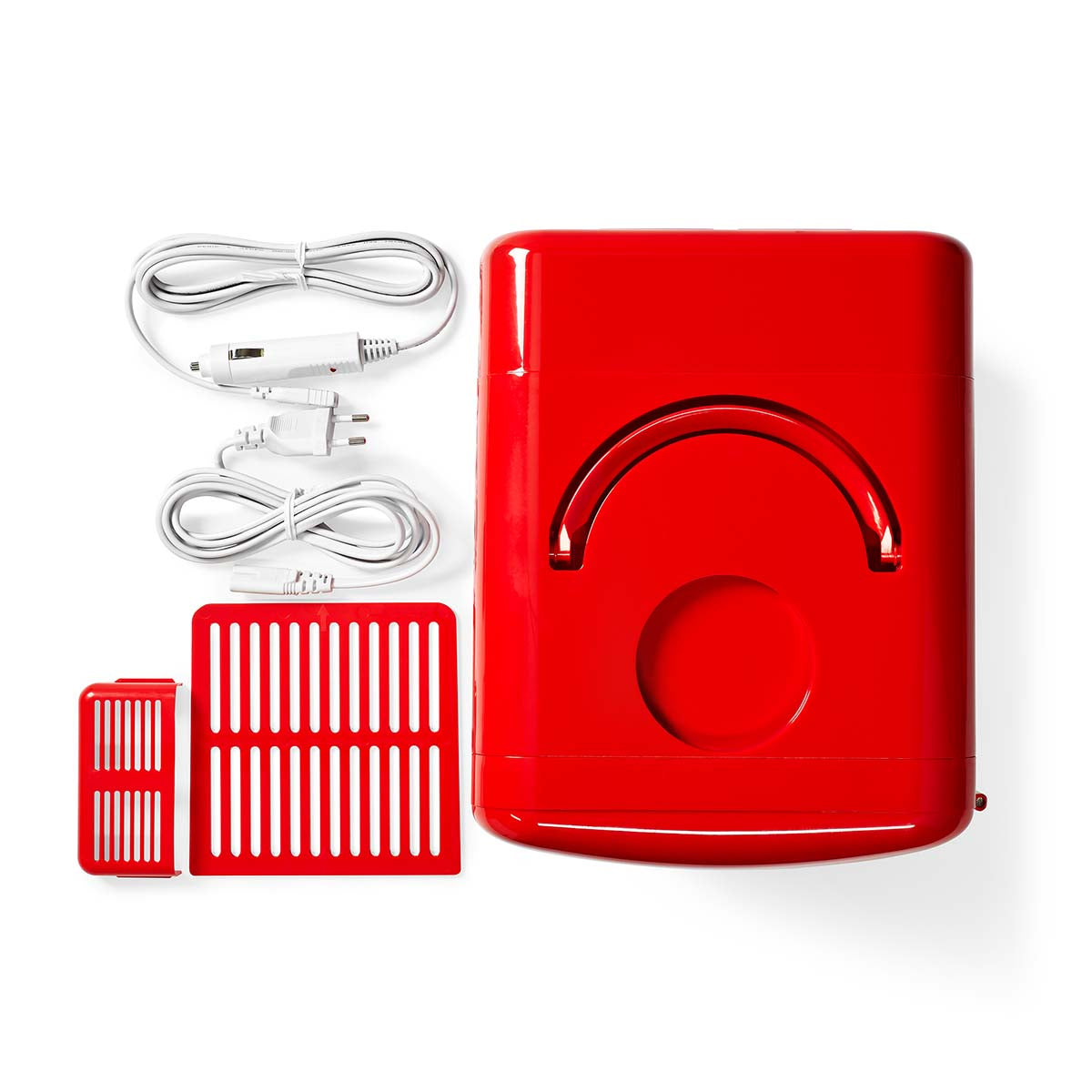 Tragbarer Mini-Kühlschrank | 6 Dosen / 4 l Inhalt | 100-240 V / 12 V | Heiz- / Kühlfunktion | Tragegriff | Rot