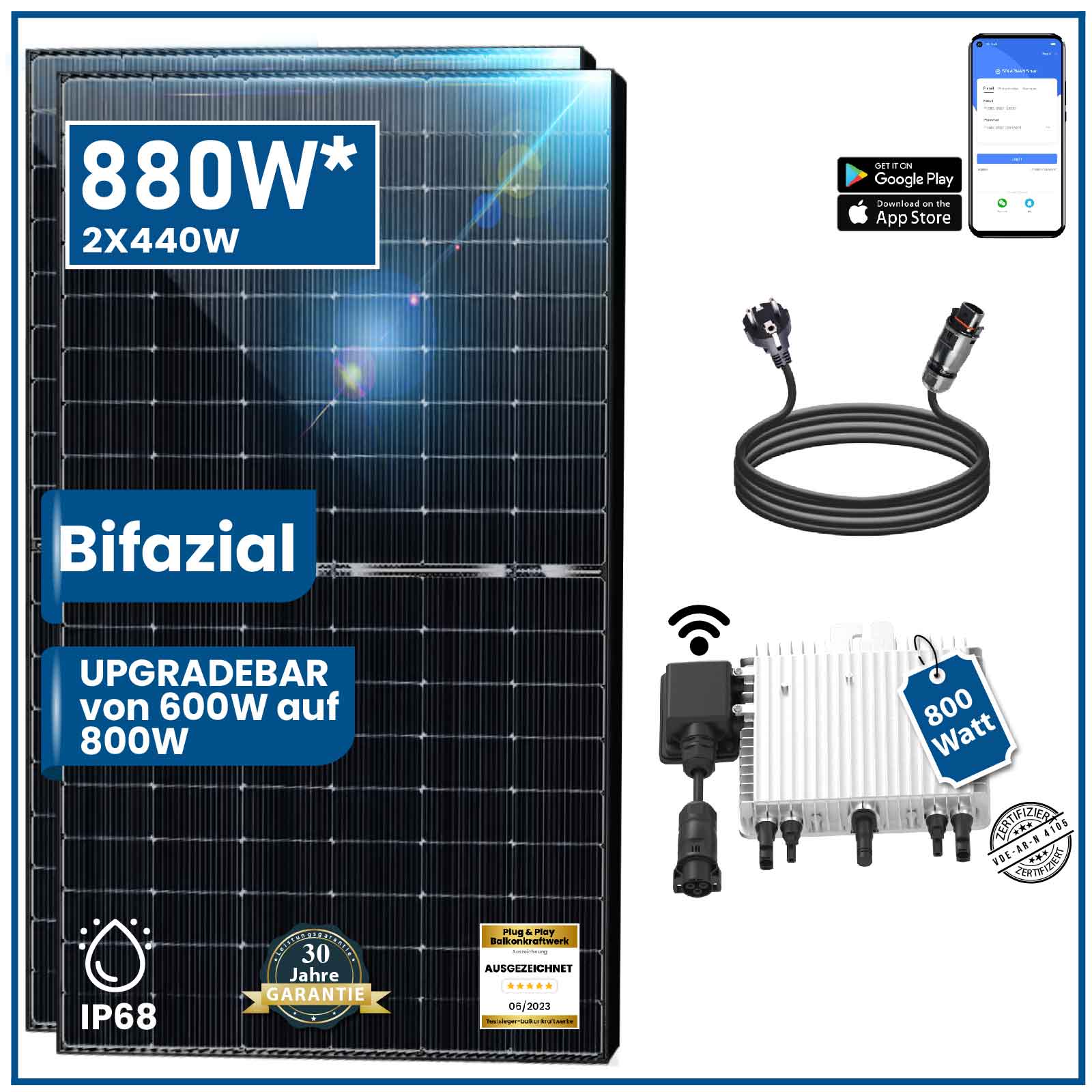 asdec life ®Solar- Balkonkraftwerk 880 Watt Photovoltaik upgrade fähiger Deye 800 W Wechselrichter 10 mtr.Schuko Stecker