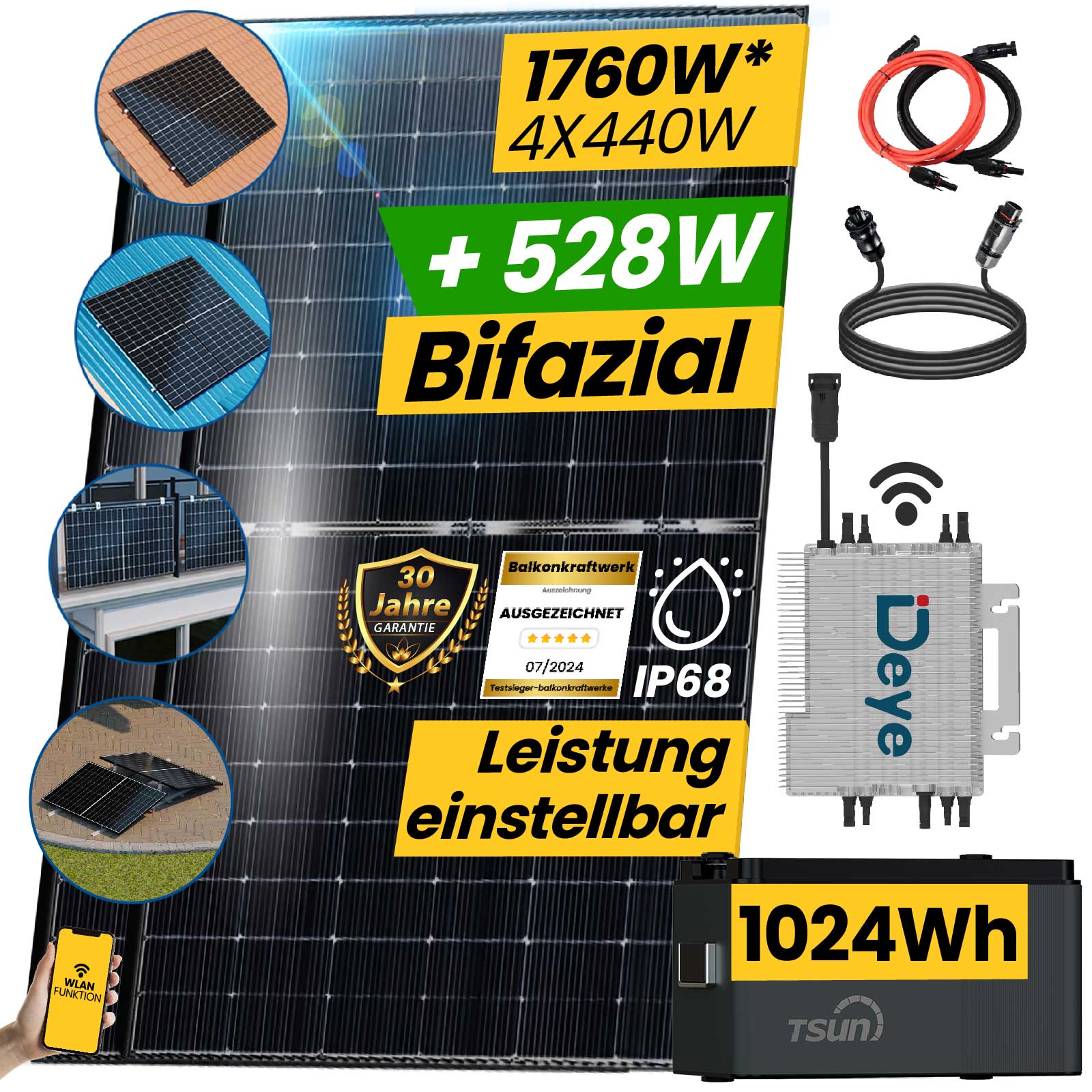 asdec life ®1760W/2000W Balkonkraftwerk mit Speicher Komplettset 1024Wh TSUN DCU1000 | DEYE 2000W WIFI Smart Wechselrichter ohne PV Montagesystem