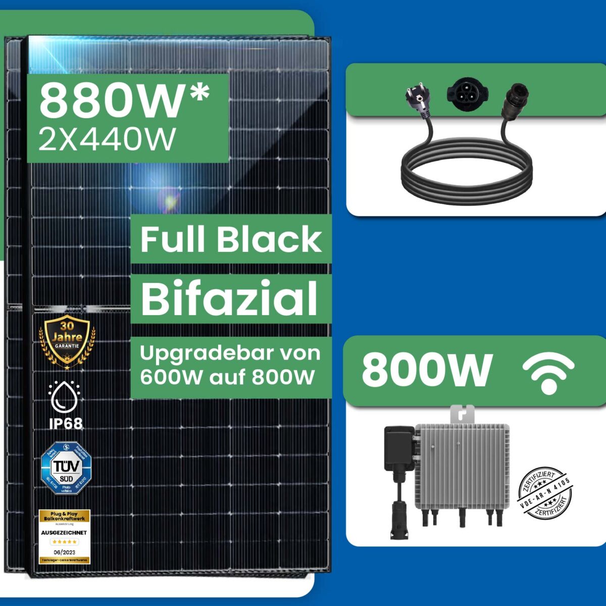 asdec life ®Solar- Balkonkraftwerk 880 Watt Photovoltaik upgrade fähiger Deye 800 W Wechselrichter 10 mtr.Schuko Stecker