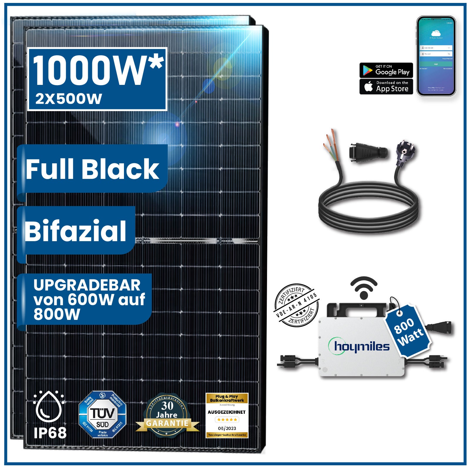 asdec life ®Solar- Balkonkraftwerk 1000W / 800W Photovoltaik upgrade fähiger 600-800 W Wechselrichter 10 mtr.Schuko Stecker
