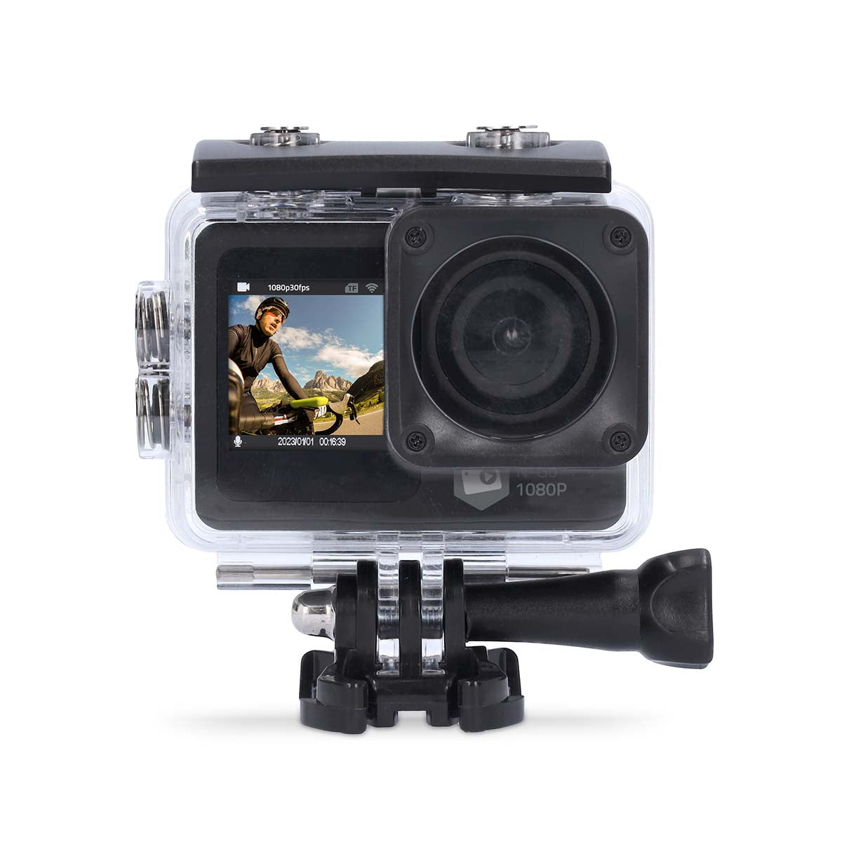 Action Cam | Dualer Bildschirm | 1080p@30fps | 12 MPixel | Wasserdicht bis: 30.0 m | 70 min | Wi-Fi | App erhältlich für: Android™ / IOS | Inkl. halterung | Schwarz