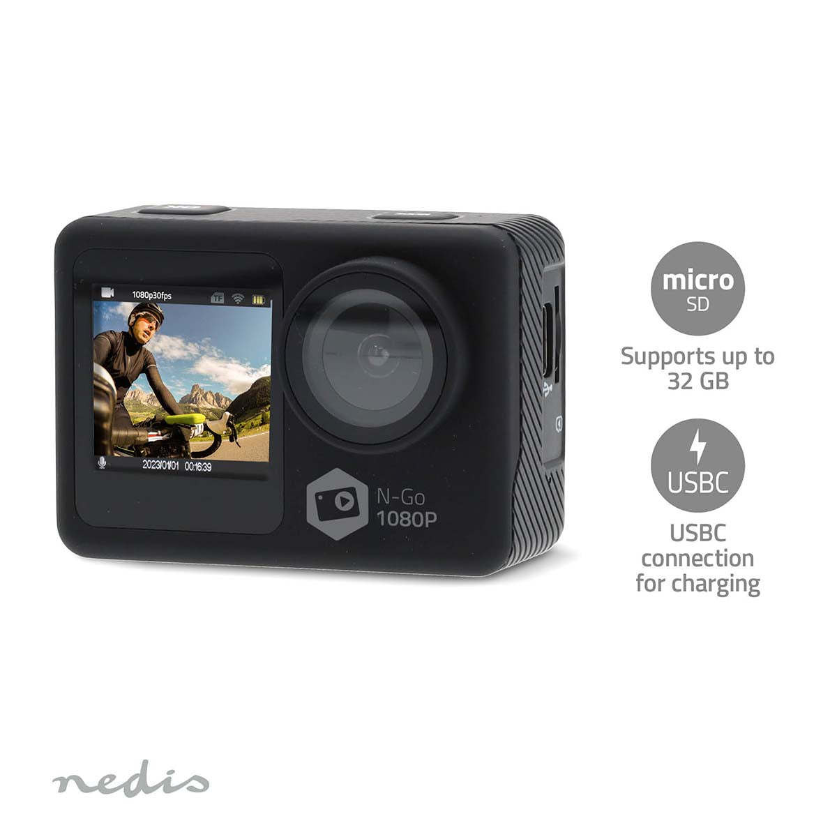 Action Cam | Dualer Bildschirm | 1080p@30fps | 12 MPixel | Wasserdicht bis: 30.0 m | 70 min | Wi-Fi | App erhältlich für: Android™ / IOS | Inkl. halterung | Schwarz