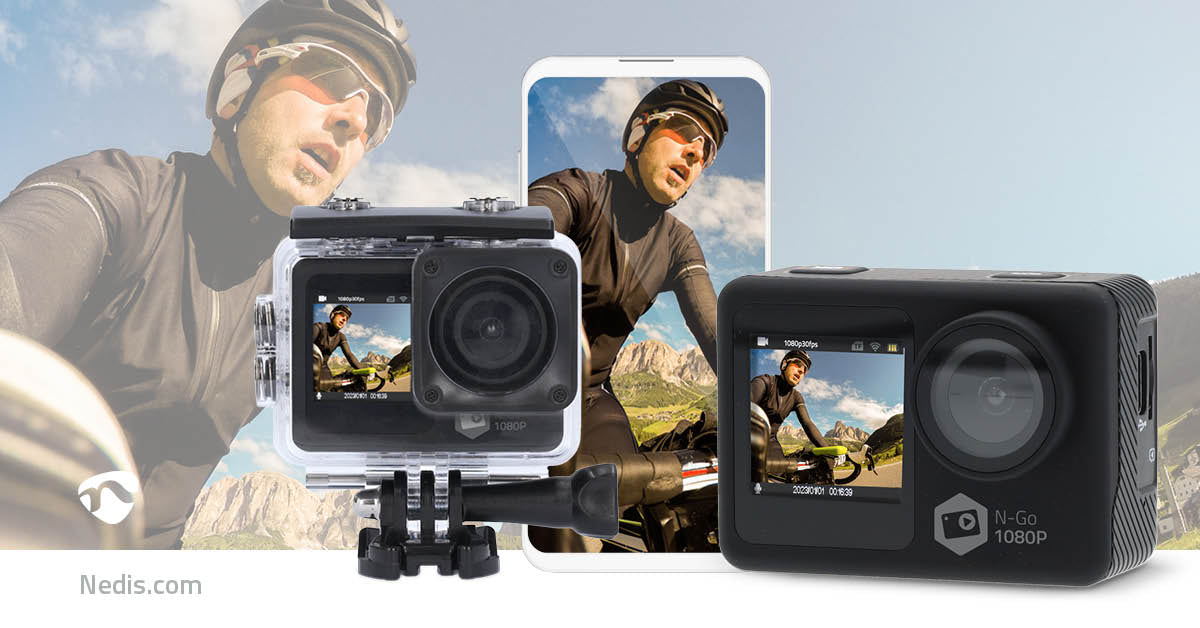 Action Cam | Dualer Bildschirm | 1080p@30fps | 12 MPixel | Wasserdicht bis: 30.0 m | 70 min | Wi-Fi | App erhältlich für: Android™ / IOS | Inkl. halterung | Schwarz