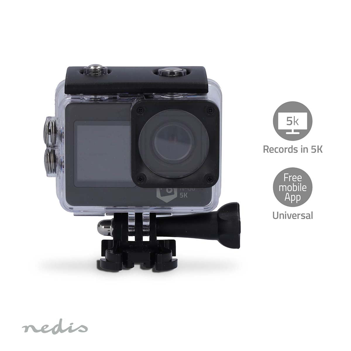 Action Cam | Dualer Bildschirm | 5K@30fps | 16 MPixel | Wasserdicht bis: 30.0 m | 80 min | Wi-Fi | App erhältlich für: Android™ / IOS | Inkl. halterung | Schwarz