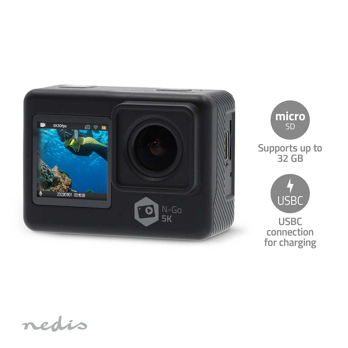 Action Cam | Dualer Bildschirm | 5K@30fps | 16 MPixel | Wasserdicht bis: 30.0 m | 80 min | Wi-Fi | App erhältlich für: Android™ / IOS | Inkl. halterung | Schwarz