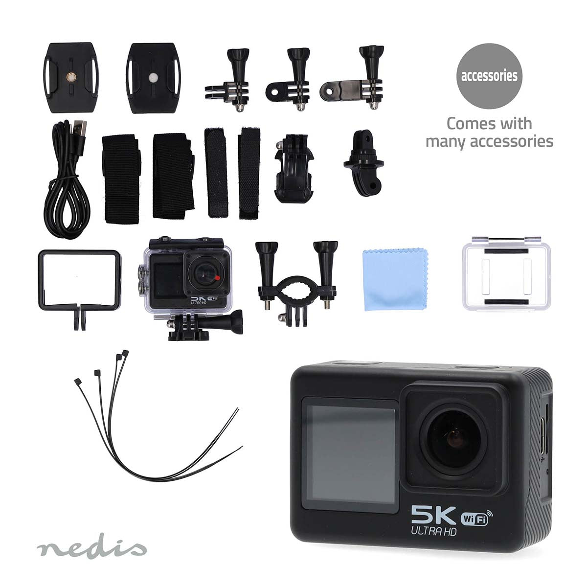 Action Cam | Dualer Bildschirm | 5K@30fps | 16 MPixel | Wasserdicht bis: 30.0 m | 80 min | Wi-Fi | App erhältlich für: Android™ / IOS | Inkl. halterung | Schwarz