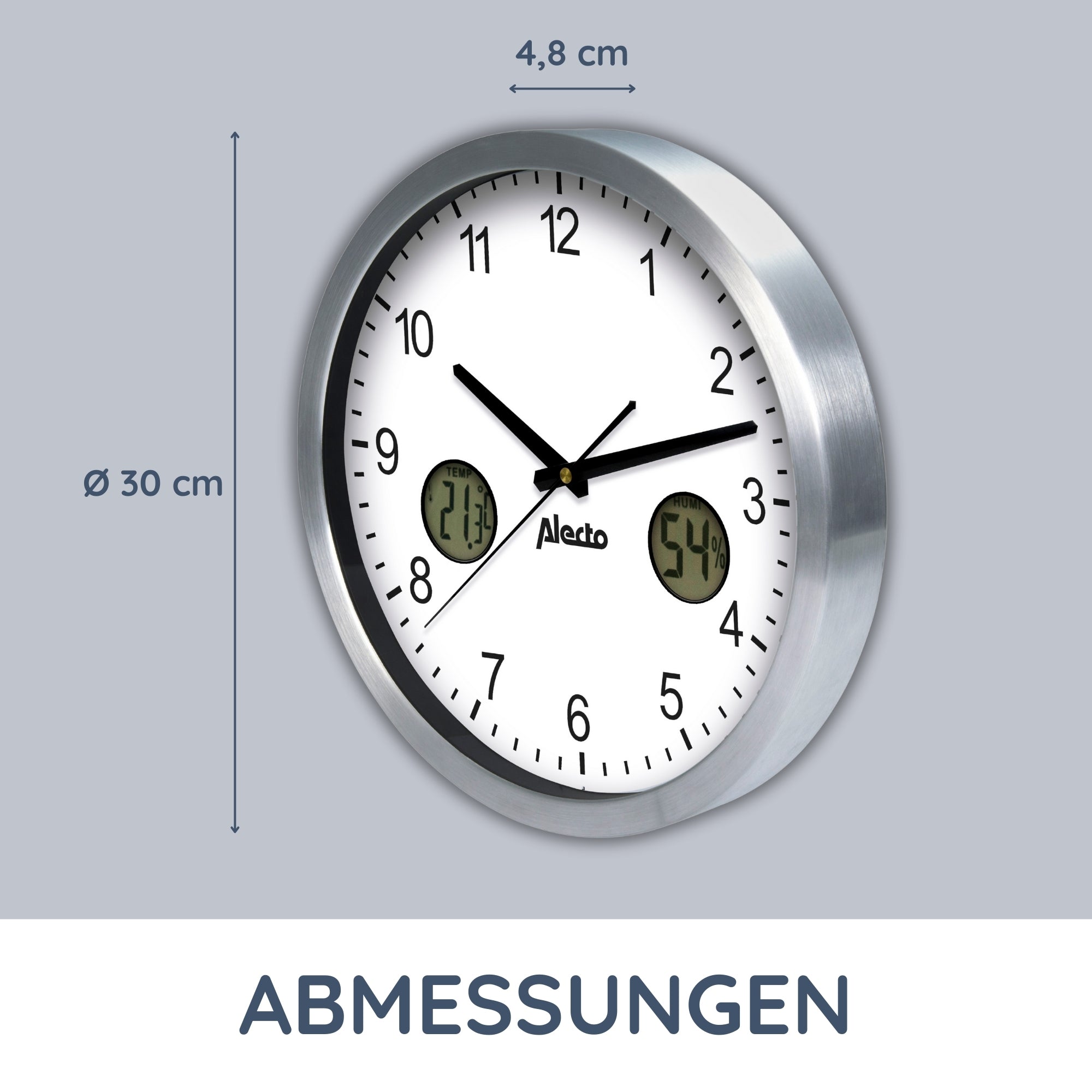 Große analoge Wanduhr mit Thermometer und Hygrometer 30,5 cm Durchmesser