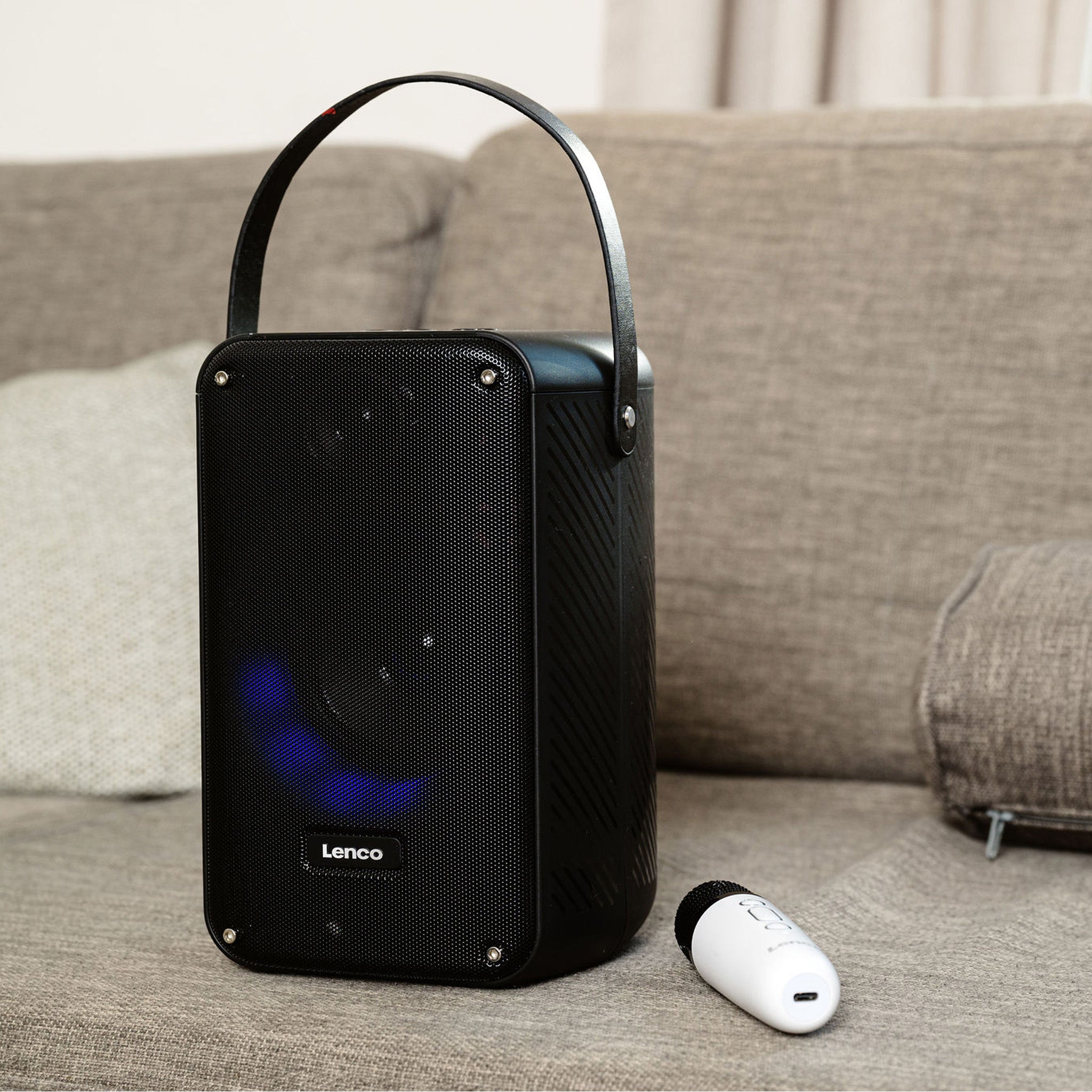 Karaoke-System mit Bluetooth®, wiederaufladbarem Akku, drahtlosem Karaoke-Mikrofon und Disco-LED-Beleuchtung Schwarz