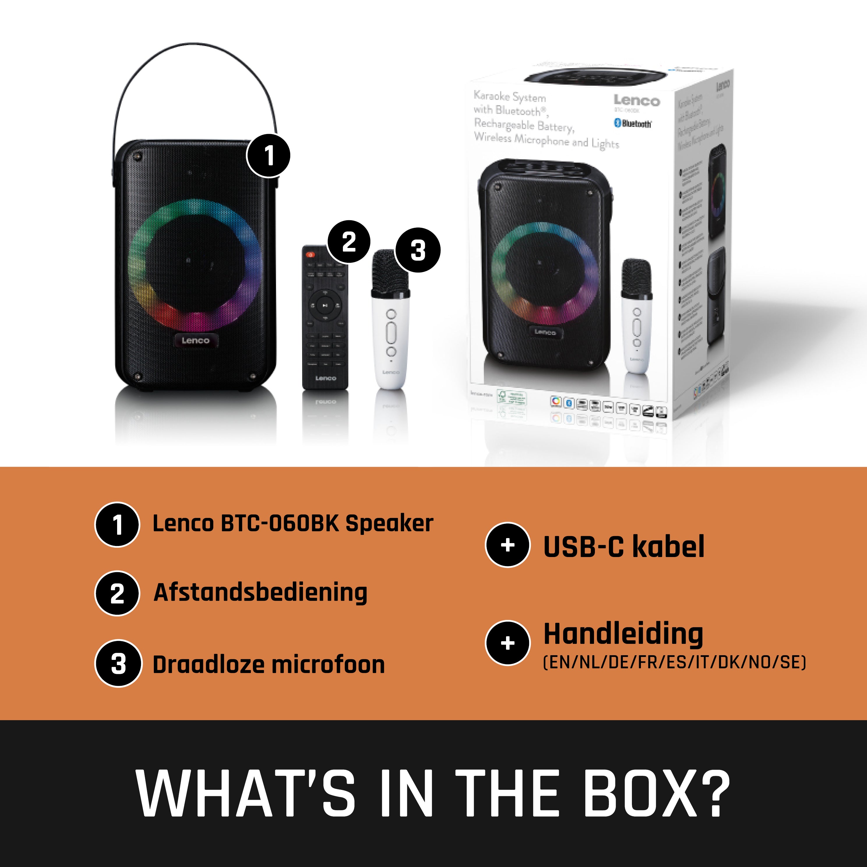 Karaoke-System mit Bluetooth®, wiederaufladbarem Akku, drahtlosem Karaoke-Mikrofon und Disco-LED-Beleuchtung Schwarz