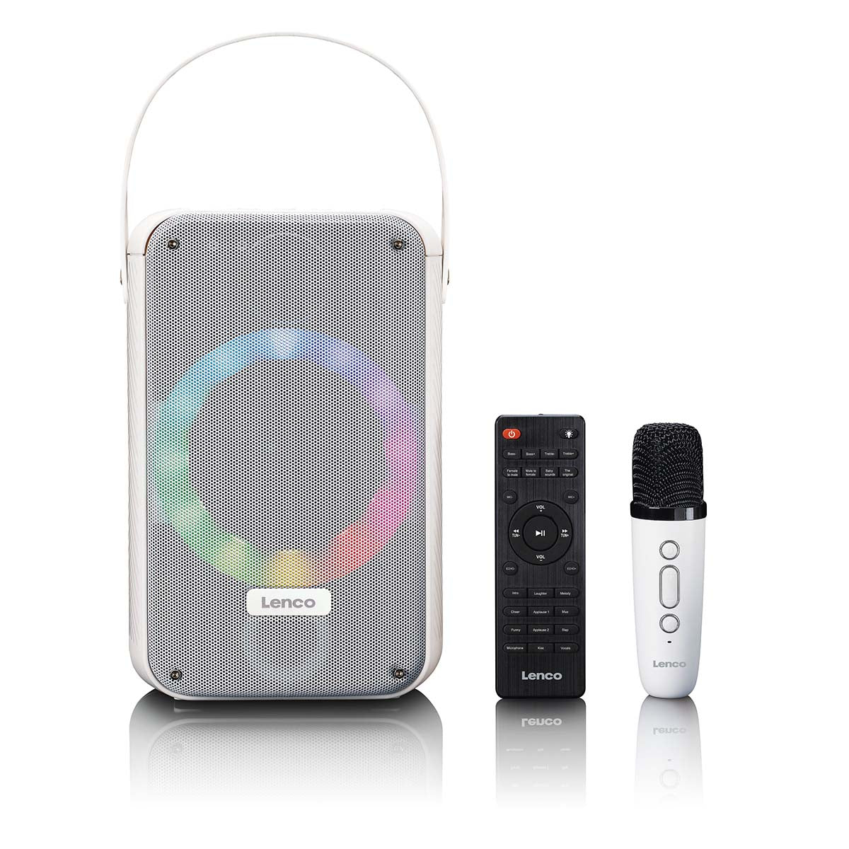 Karaoke-System mit Bluetooth®, wiederaufladbarem Akku, drahtlosem Karaoke-Mikrofon und Disco-LED-Beleuchtung Weiß