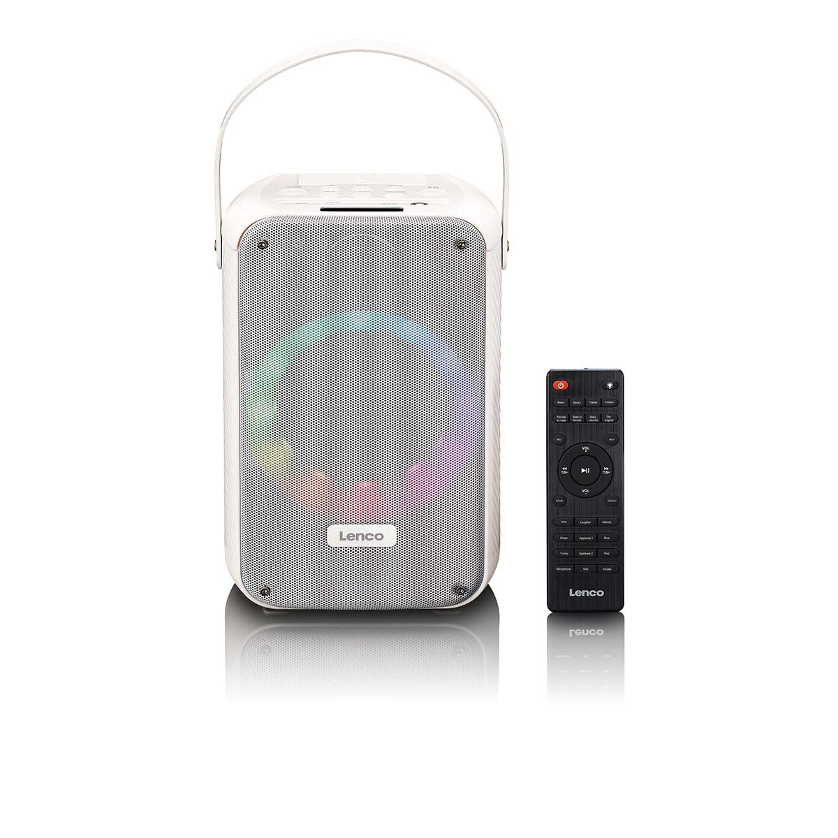 Karaoke-System mit Bluetooth®, wiederaufladbarem Akku, drahtlosem Karaoke-Mikrofon und Disco-LED-Beleuchtung Weiß