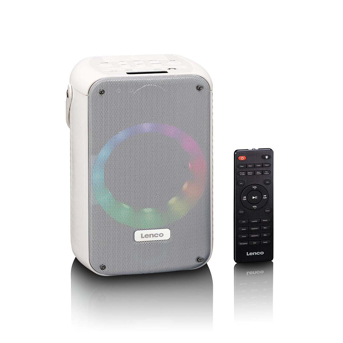 Karaoke-System mit Bluetooth®, wiederaufladbarem Akku, drahtlosem Karaoke-Mikrofon und Disco-LED-Beleuchtung Weiß