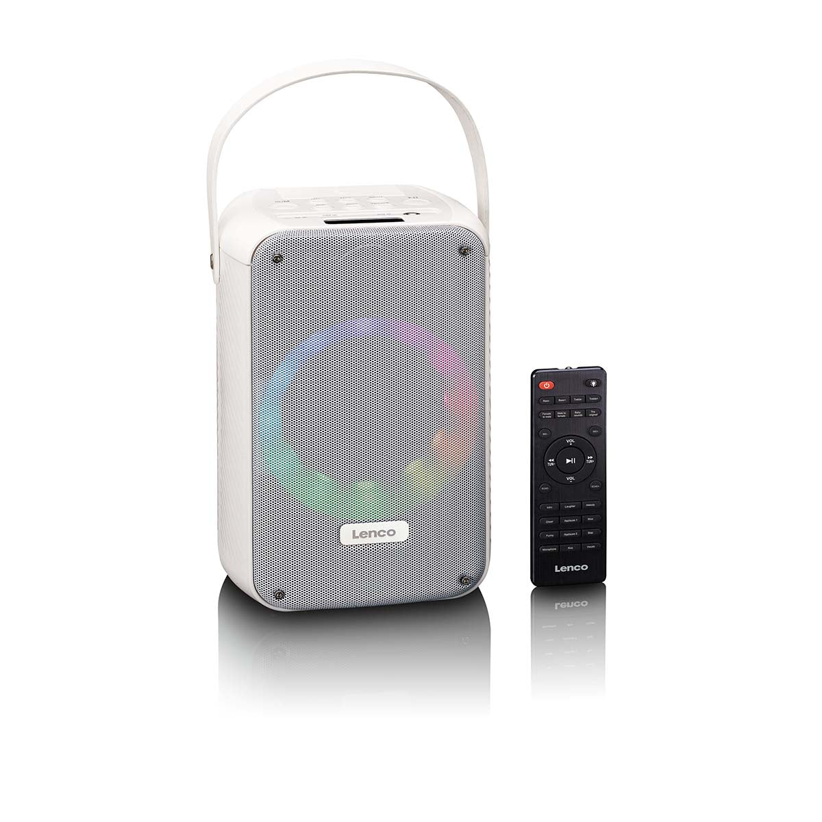 Karaoke-System mit Bluetooth®, wiederaufladbarem Akku, drahtlosem Karaoke-Mikrofon und Disco-LED-Beleuchtung Weiß