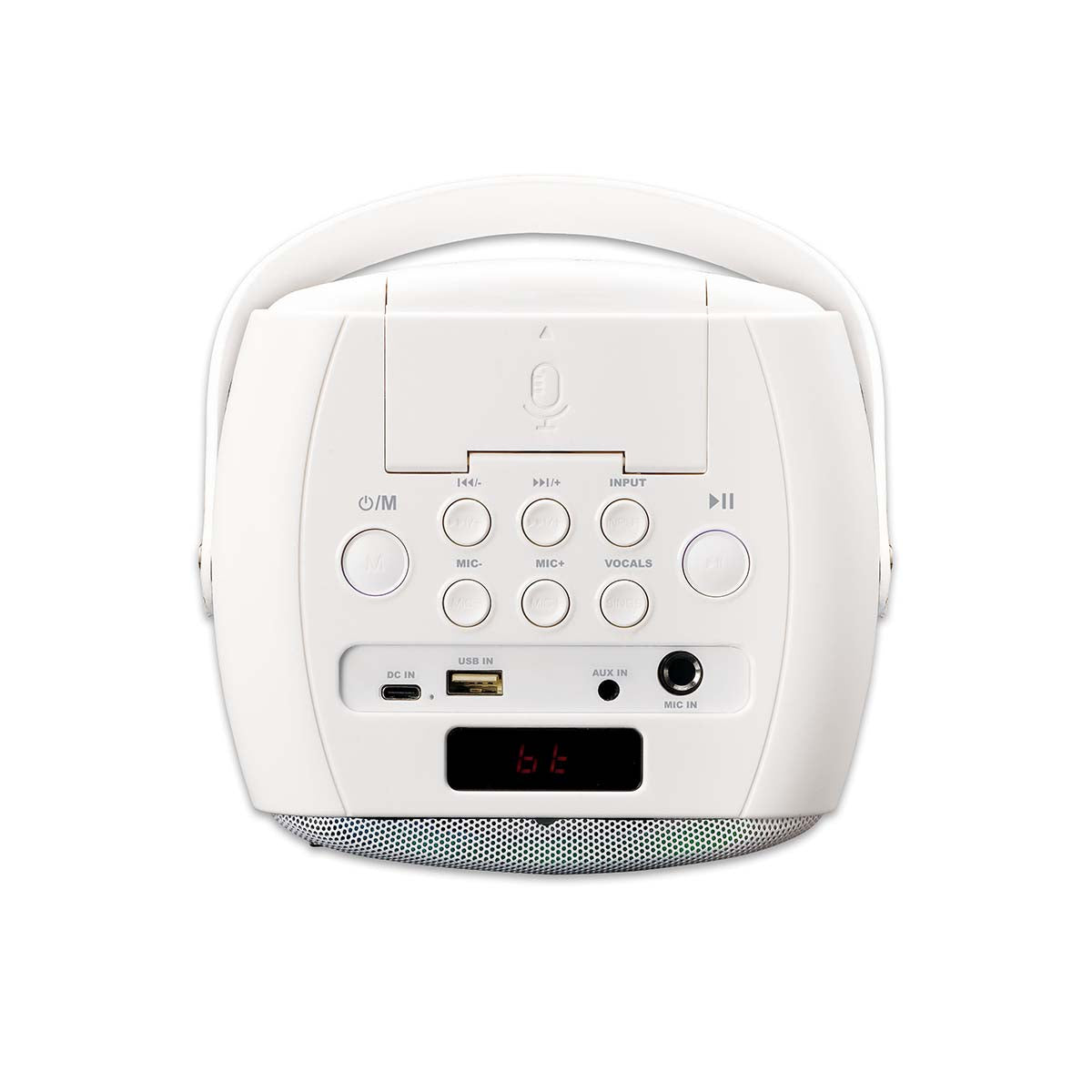 Karaoke-System mit Bluetooth®, wiederaufladbarem Akku, drahtlosem Karaoke-Mikrofon und Disco-LED-Beleuchtung Weiß