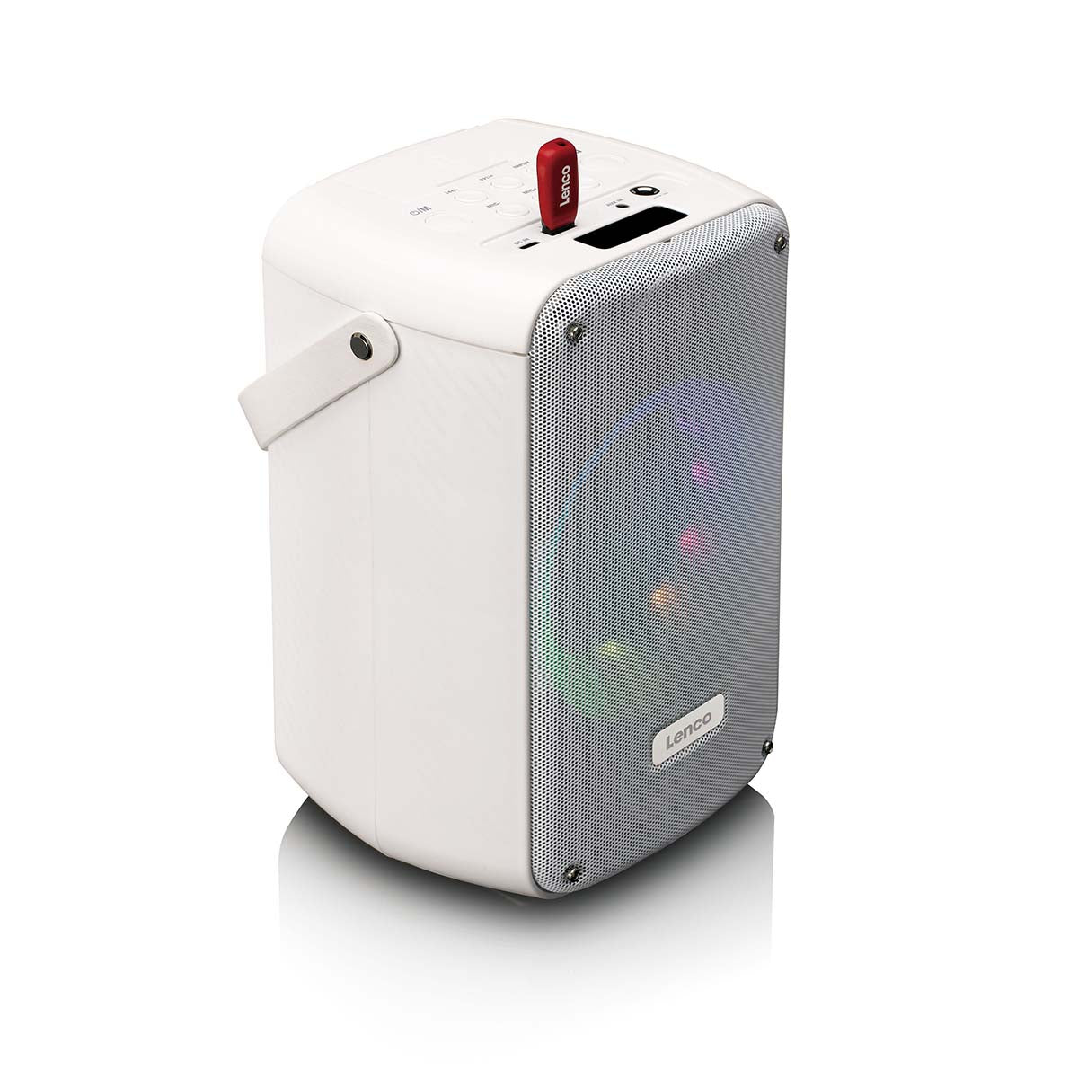 Karaoke-System mit Bluetooth®, wiederaufladbarem Akku, drahtlosem Karaoke-Mikrofon und Disco-LED-Beleuchtung Weiß