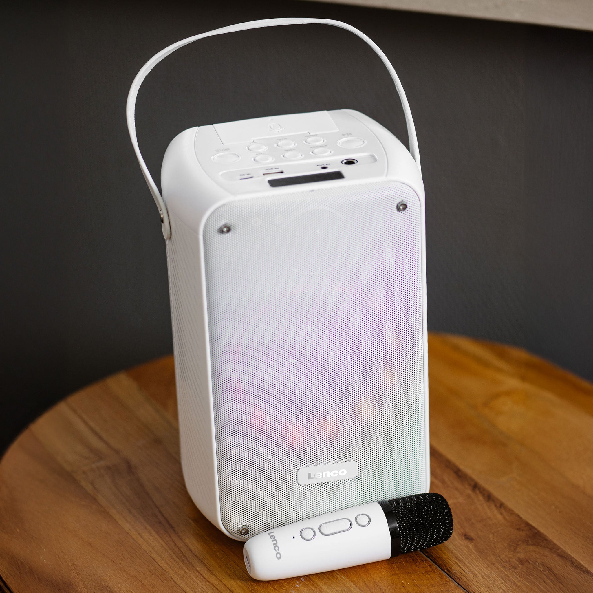 Karaoke-System mit Bluetooth®, wiederaufladbarem Akku, drahtlosem Karaoke-Mikrofon und Disco-LED-Beleuchtung Weiß