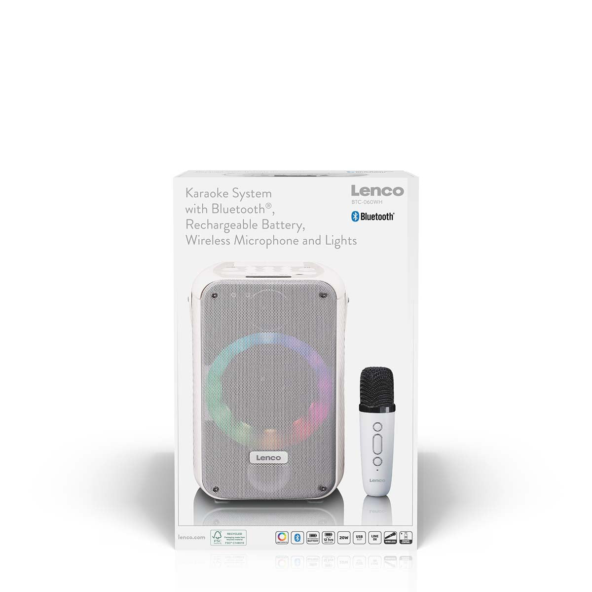 Karaoke-System mit Bluetooth®, wiederaufladbarem Akku, drahtlosem Karaoke-Mikrofon und Disco-LED-Beleuchtung Weiß