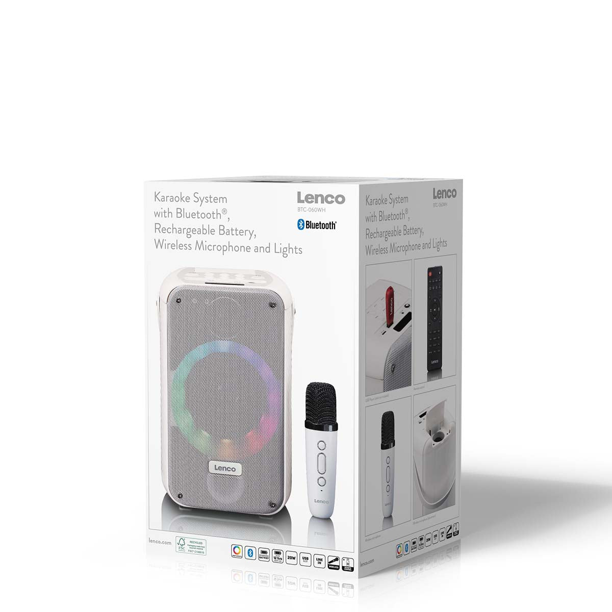 Karaoke-System mit Bluetooth®, wiederaufladbarem Akku, drahtlosem Karaoke-Mikrofon und Disco-LED-Beleuchtung Weiß