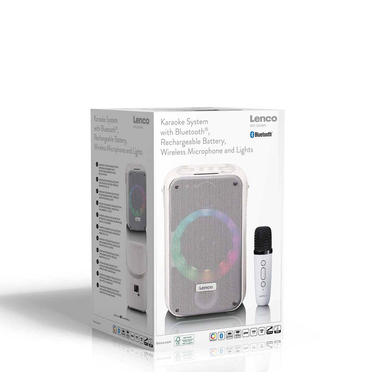 Karaoke-System mit Bluetooth®, wiederaufladbarem Akku, drahtlosem Karaoke-Mikrofon und Disco-LED-Beleuchtung Weiß