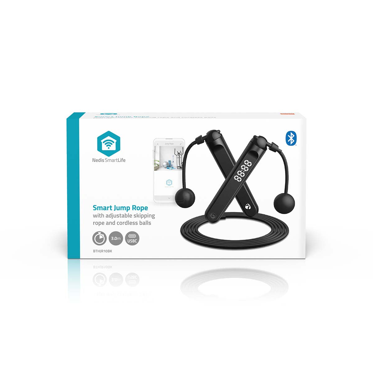 SmartLife Outdoor-Sport | Sprungseil | Bluetooth® | Dual Hall sensor | LED-Anzeige | PVC | 3.00 m | Akku-Bälle / Beutel mit Kordelzug | Schwarz