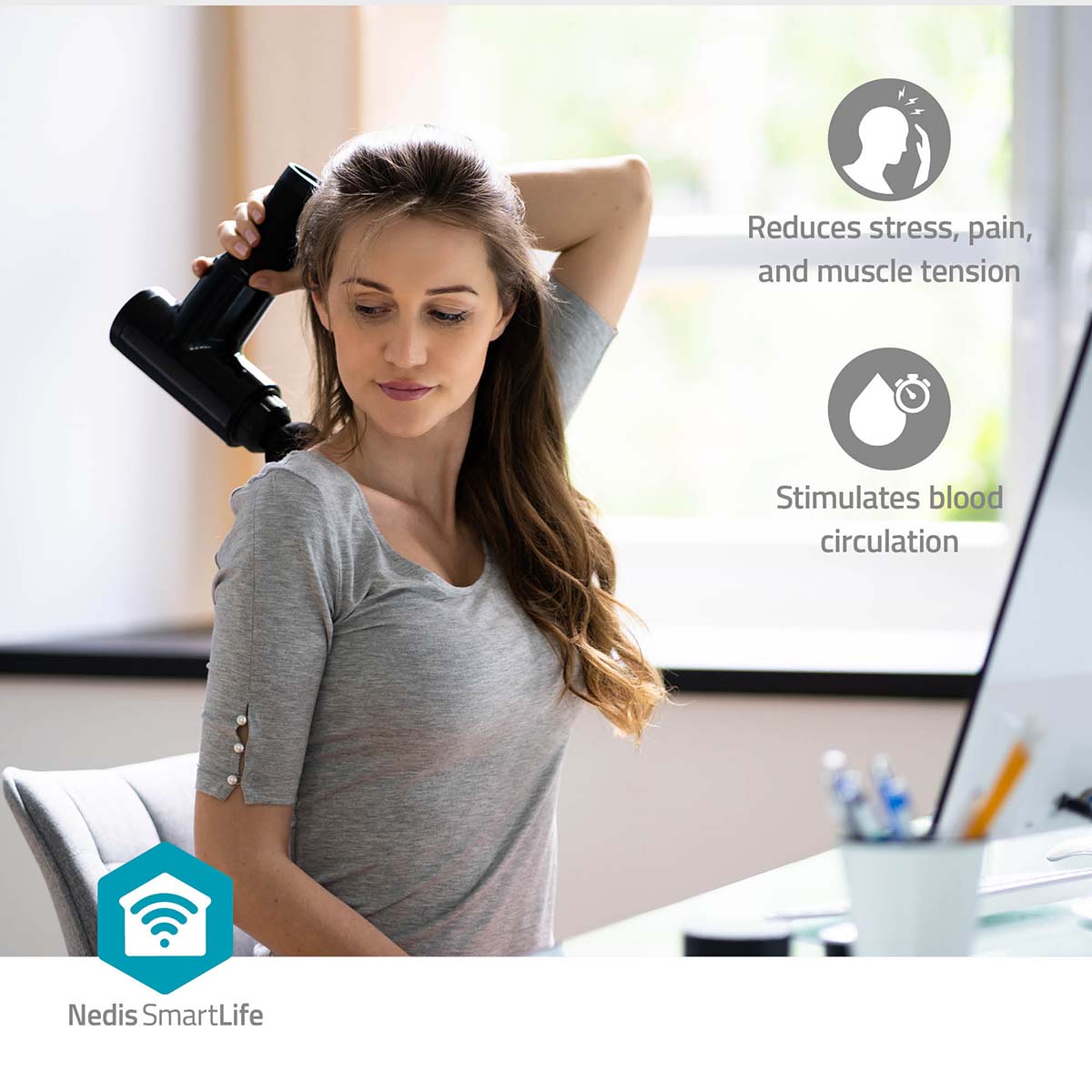 SmartLife Sport-Massagepistole | Akkubetrieben | N/A | Wiederaufladbar | 5 Massagemodi | Beutel mit Kordelzug / Flachkopf / Konischer Kopf / Kugelkopf / U-förmiger Kopf | Dunkelgrau