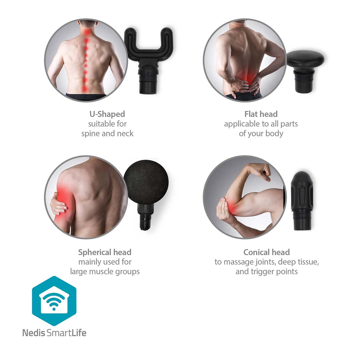 SmartLife Sport-Massagepistole | Akkubetrieben | N/A | Wiederaufladbar | 5 Massagemodi | Beutel mit Kordelzug / Flachkopf / Konischer Kopf / Kugelkopf / U-förmiger Kopf | Dunkelgrau