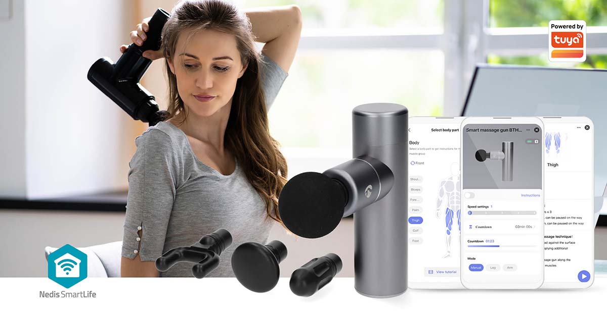 SmartLife Sport-Massagepistole | Akkubetrieben | N/A | Wiederaufladbar | 5 Massagemodi | Beutel mit Kordelzug / Flachkopf / Konischer Kopf / Kugelkopf / U-förmiger Kopf | Dunkelgrau