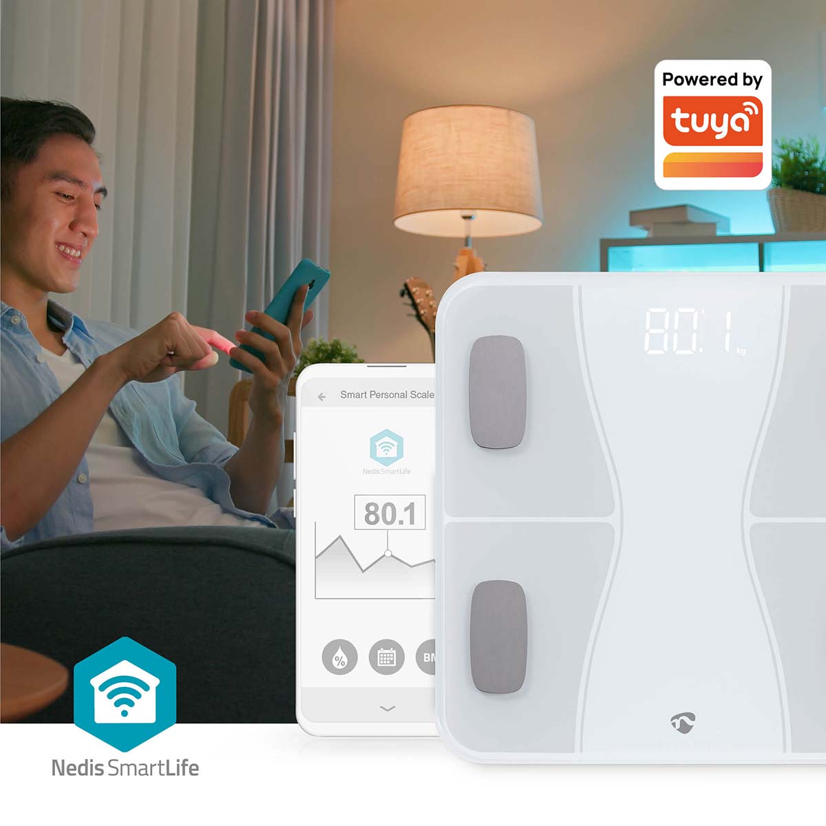 WIFI-SmartLife-Personenwaage | Bluetooth® | BMI / BMR / Fett / Gebeine / Gewicht / Muskeln / Wasser | 12 | Max. Last: 180 kg | Android™ / IOS | ABS / Glas | Weiss