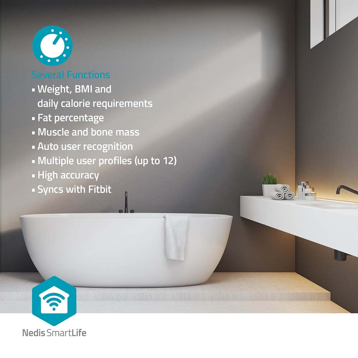 WIFI-SmartLife-Personenwaage | Bluetooth® | BMI / BMR / Fett / Gebeine / Gewicht / Muskeln / Wasser | 12 | Max. Last: 180 kg | Android™ / IOS | ABS / Glas | Weiss