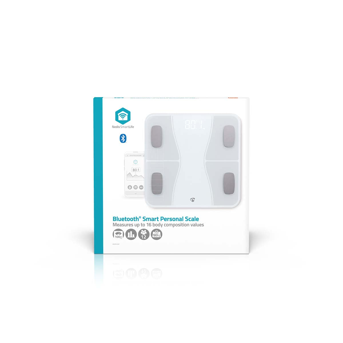 WIFI-SmartLife-Personenwaage | Bluetooth® | BMI / BMR / Fett / Gebeine / Gewicht / Muskeln / Wasser | 12 | Max. Last: 180 kg | Android™ / IOS | ABS / Glas | Weiss