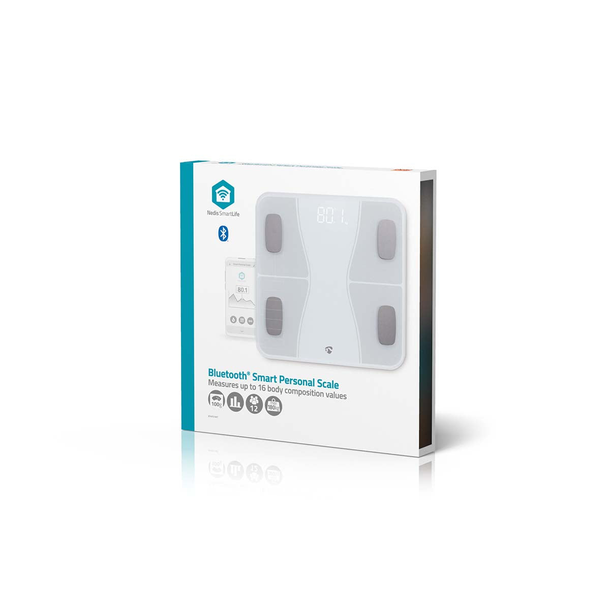 WIFI-SmartLife-Personenwaage | Bluetooth® | BMI / BMR / Fett / Gebeine / Gewicht / Muskeln / Wasser | 12 | Max. Last: 180 kg | Android™ / IOS | ABS / Glas | Weiss