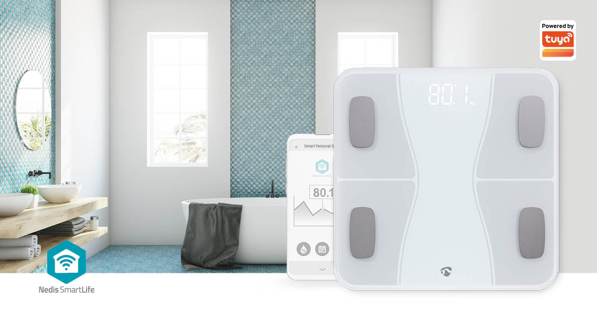 WIFI-SmartLife-Personenwaage | Bluetooth® | BMI / BMR / Fett / Gebeine / Gewicht / Muskeln / Wasser | 12 | Max. Last: 180 kg | Android™ / IOS | ABS / Glas | Weiss