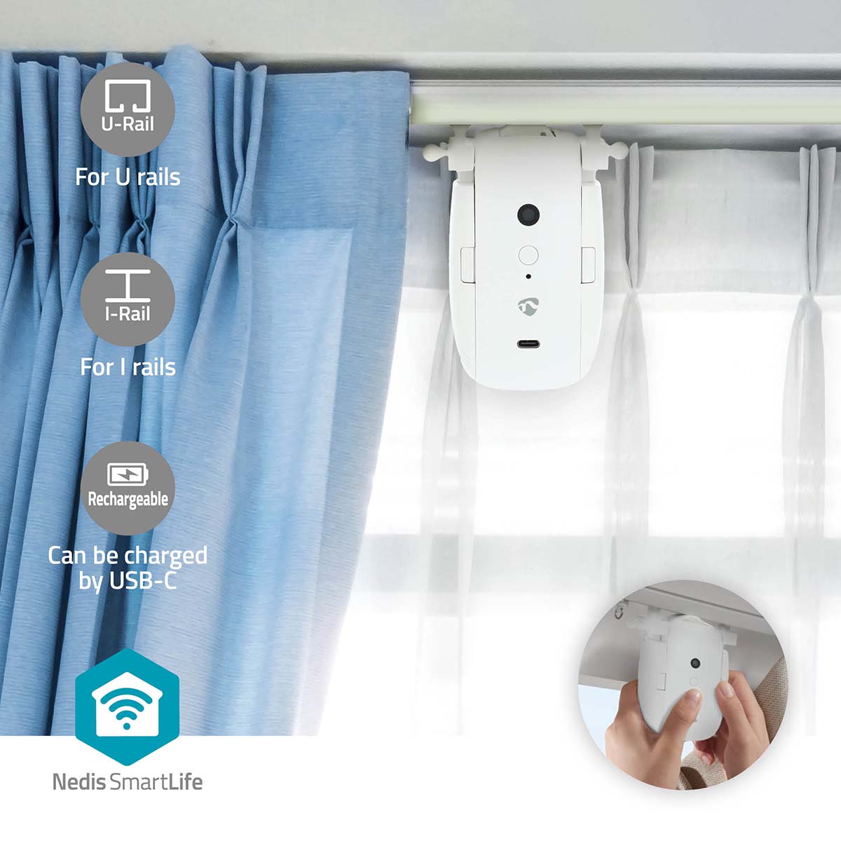 SmartLife Vorhang Roboter | I-Schiene / U-Schiene | Vorhänge | Batteriebetrieben / Stromversorgung über USB | 4000 mAh | Bluetooth® | Weiss
