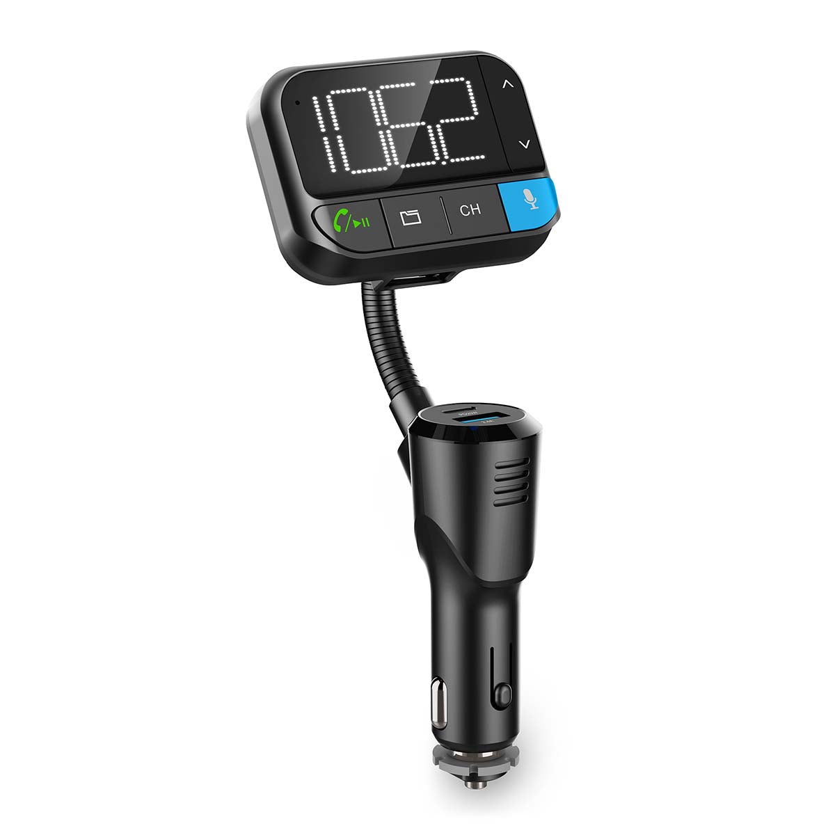 Kfz Audio FM Transmitter | Schwanenhals | freisprechend | 2 " | Scharz-weiß Monitor | Bluetooth® | PD 20 W / QC 3.0 | Schnellladung | Bass Boost | Google Assistant / Siri | Schwarz