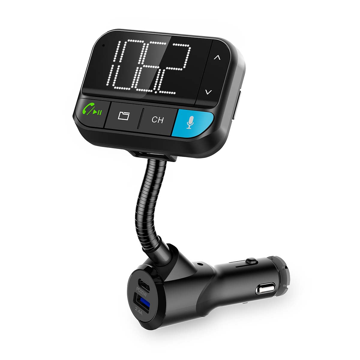 Kfz Audio FM Transmitter | Schwanenhals | freisprechend | 2 " | Scharz-weiß Monitor | Bluetooth® | PD 20 W / QC 3.0 | Schnellladung | Bass Boost | Google Assistant / Siri | Schwarz