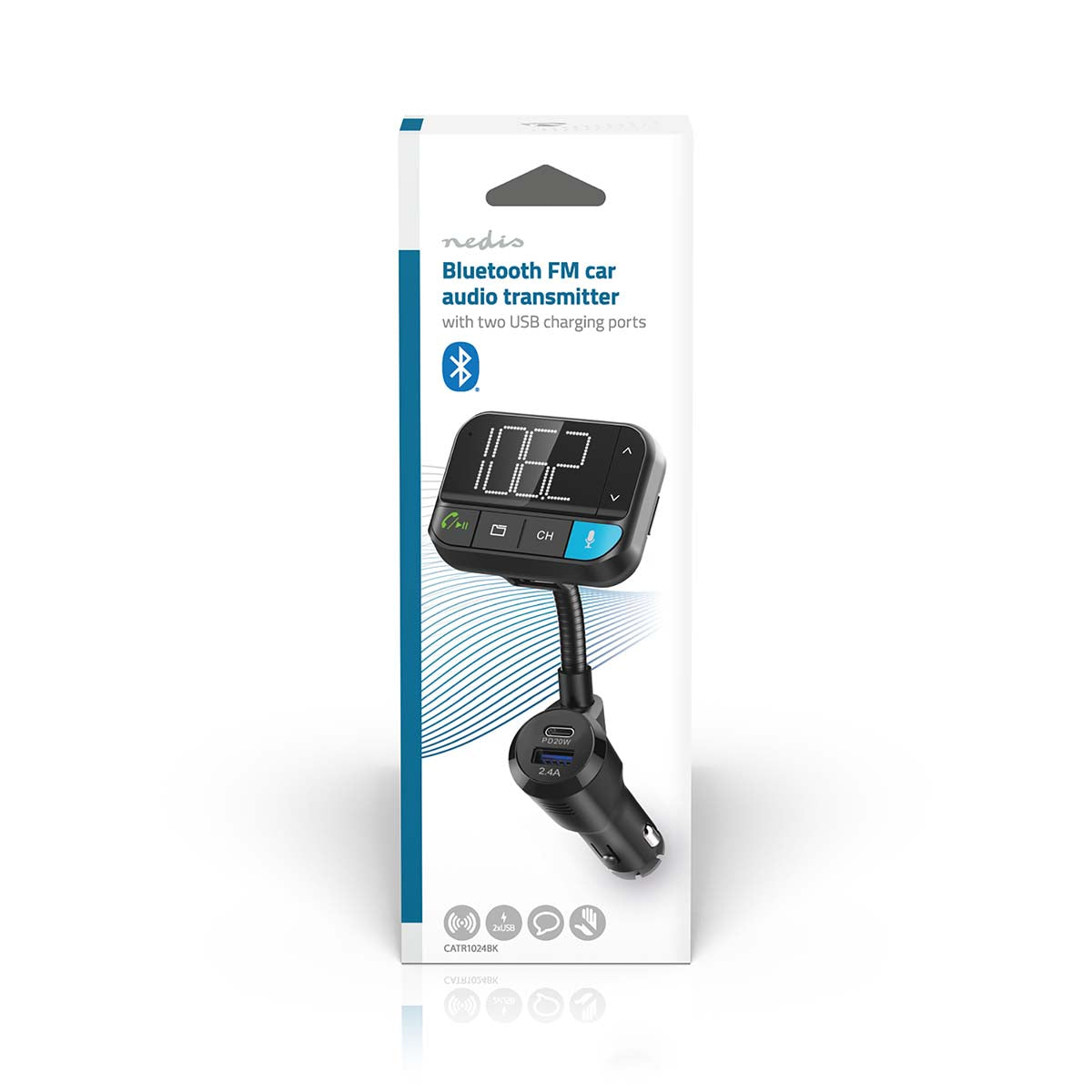 Kfz Audio FM Transmitter | Schwanenhals | freisprechend | 2 " | Scharz-weiß Monitor | Bluetooth® | PD 20 W / QC 3.0 | Schnellladung | Bass Boost | Google Assistant / Siri | Schwarz