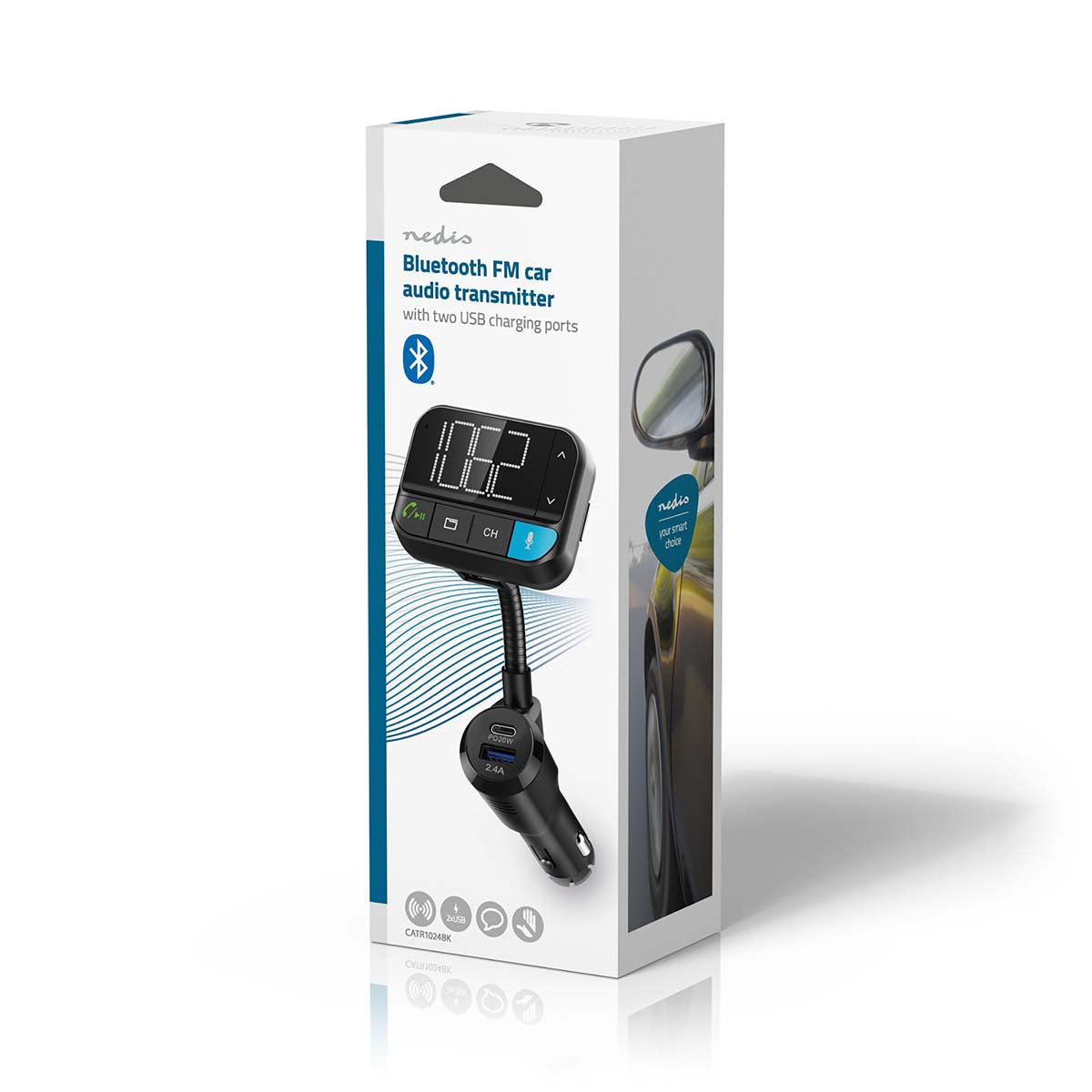 Kfz Audio FM Transmitter | Schwanenhals | freisprechend | 2 " | Scharz-weiß Monitor | Bluetooth® | PD 20 W / QC 3.0 | Schnellladung | Bass Boost | Google Assistant / Siri | Schwarz