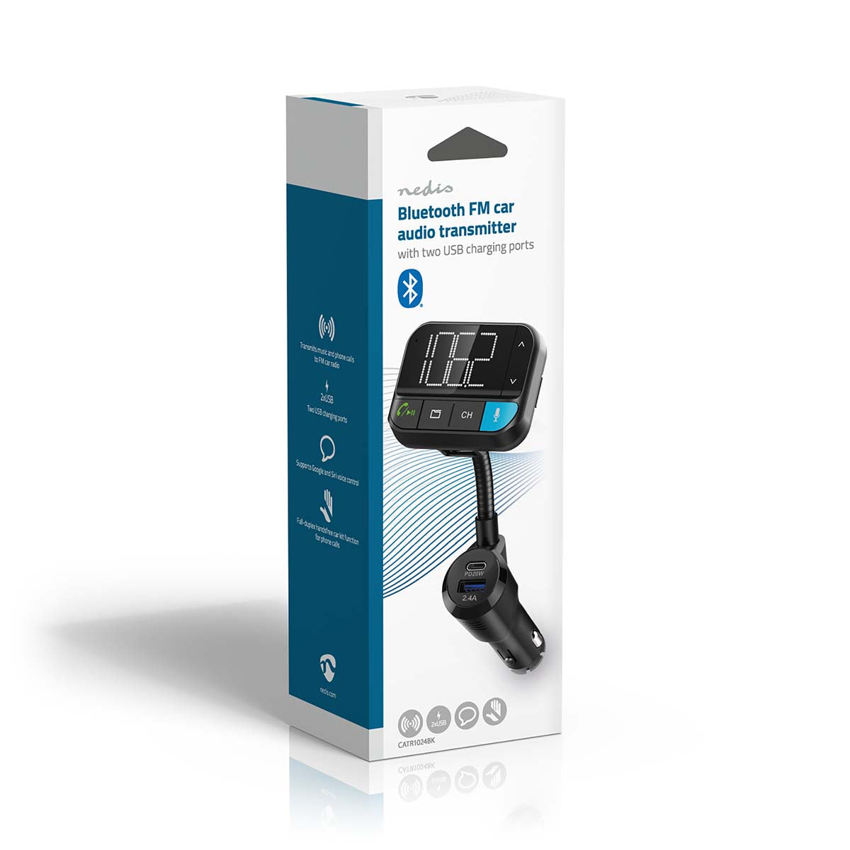 Kfz Audio FM Transmitter | Schwanenhals | freisprechend | 2 " | Scharz-weiß Monitor | Bluetooth® | PD 20 W / QC 3.0 | Schnellladung | Bass Boost | Google Assistant / Siri | Schwarz