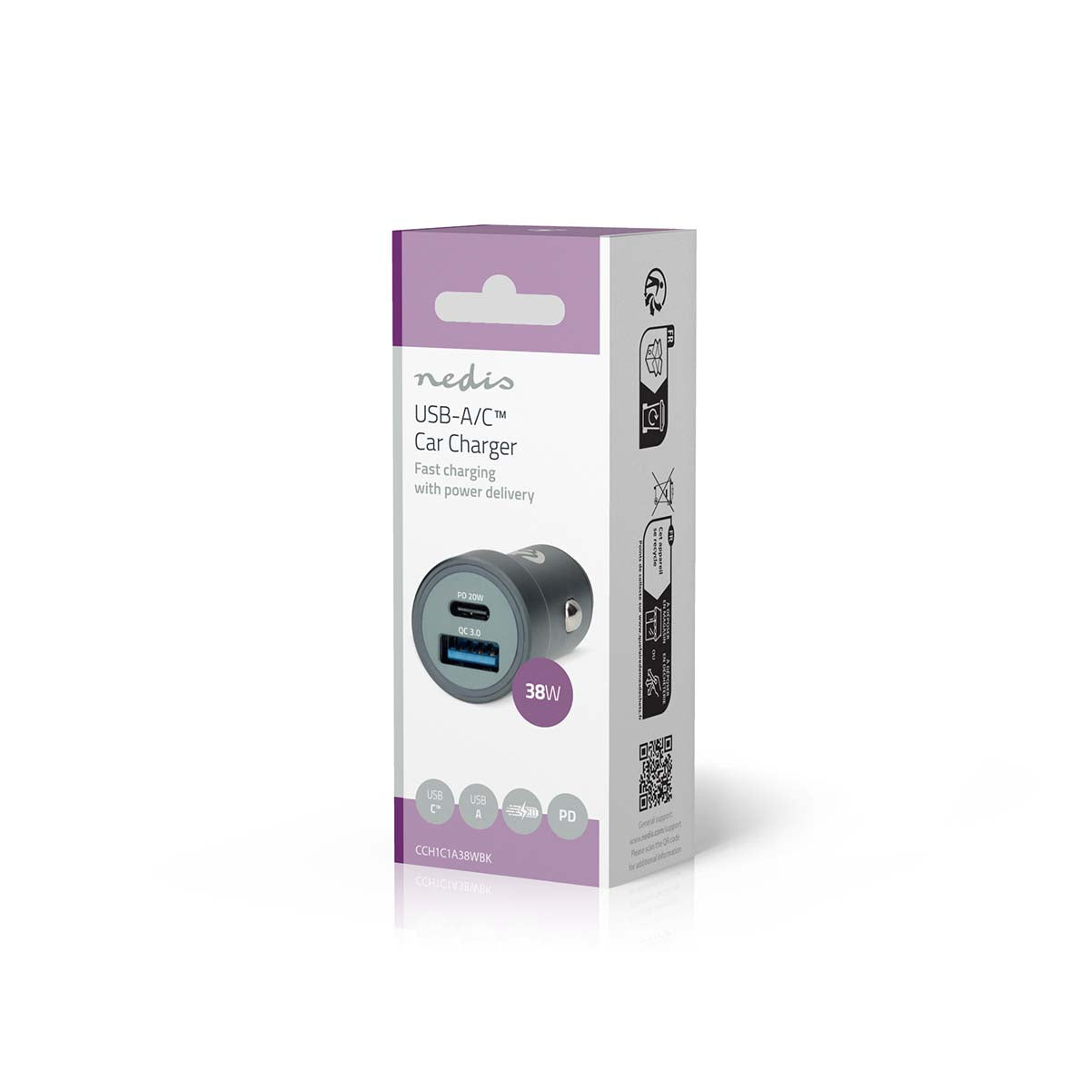 Auto-Ladegerät | 38 W | 1.5 / 1.67 / 2.0 / 2.22 / 3.0 A | Anzahl der Ausgänge: 2 | Port Type: USB-A / USB-C™ | Automatische Spannungswahl