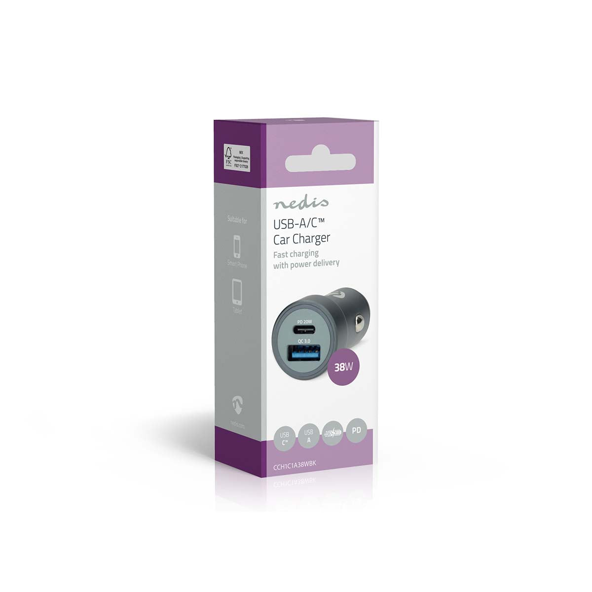 Auto-Ladegerät | 38 W | 1.5 / 1.67 / 2.0 / 2.22 / 3.0 A | Anzahl der Ausgänge: 2 | Port Type: USB-A / USB-C™ | Automatische Spannungswahl