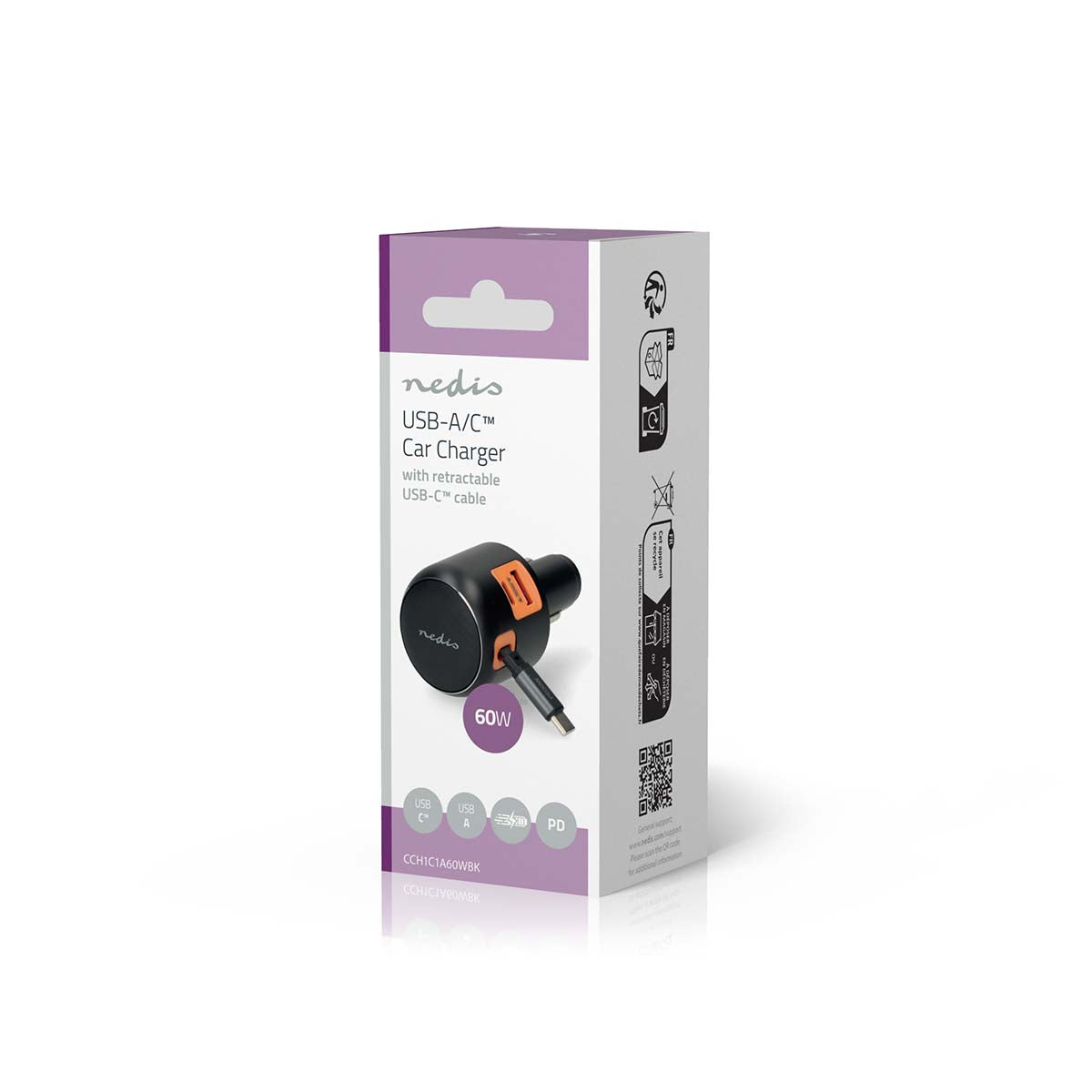 Auto-Ladegerät | 60 W | 2.4 / 3.0 A | Anzahl der Ausgänge: 3 | Port Type: USB-A / USB-C™ | Aufrollbares USB-C™-Kabel | 0.70 m | Automatische Spannungswahl