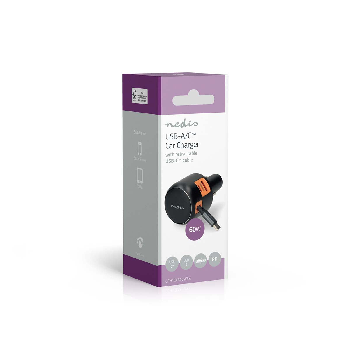 Auto-Ladegerät | 60 W | 2.4 / 3.0 A | Anzahl der Ausgänge: 3 | Port Type: USB-A / USB-C™ | Aufrollbares USB-C™-Kabel | 0.70 m | Automatische Spannungswahl