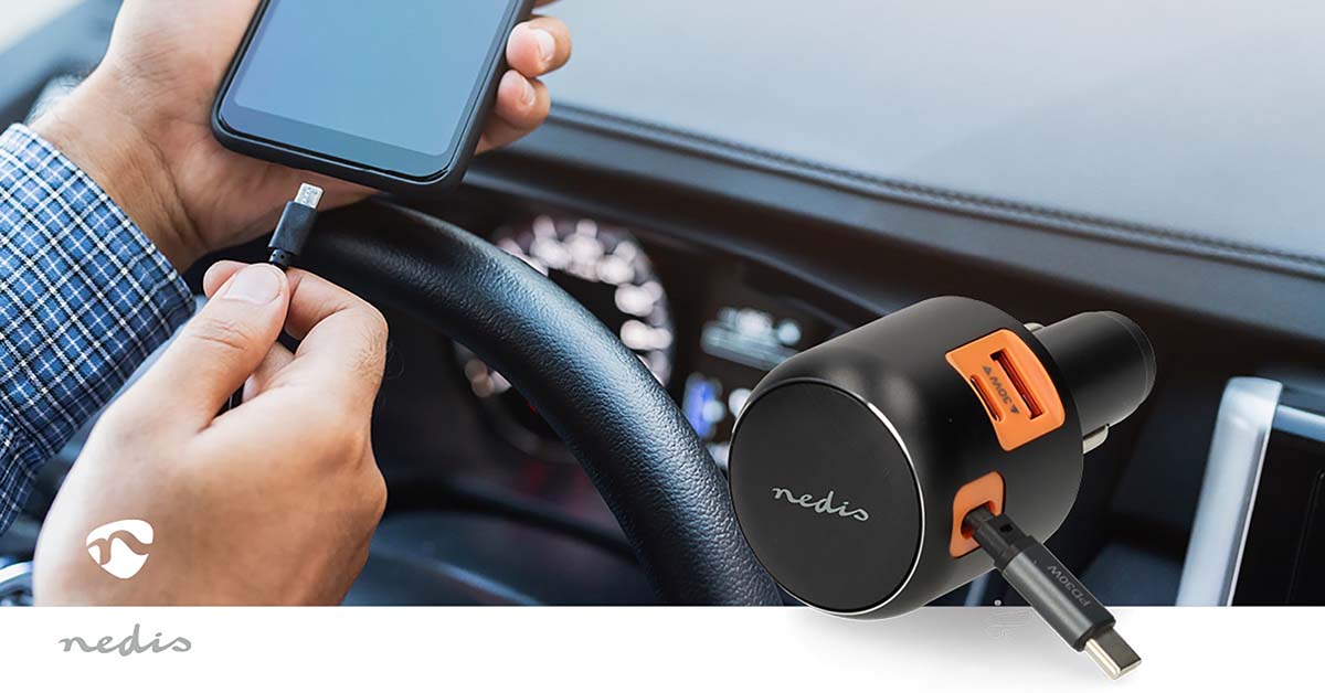 Auto-Ladegerät | 60 W | 2.4 / 3.0 A | Anzahl der Ausgänge: 3 | Port Type: USB-A / USB-C™ | Aufrollbares USB-C™-Kabel | 0.70 m | Automatische Spannungswahl