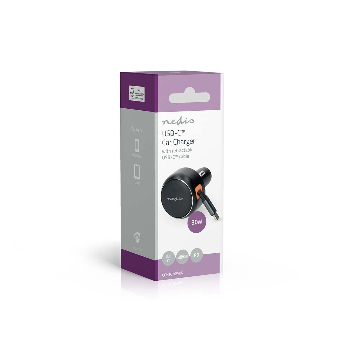 Auto-Ladegerät | 30 W | 2.4 / 3.0 A | Anzahl der Ausgänge: 1 | Aufrollbares USB-C™-Kabel | 0.70 m | Automatische Spannungswahl